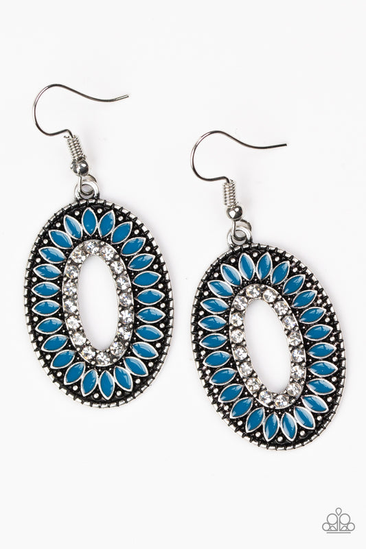 Refreshing blue petals bloom from a glittery white rhinestone center, creating a fabulous frame. Earring attaches to a standard fishhook fitting.  Sold as one pair of earrings.