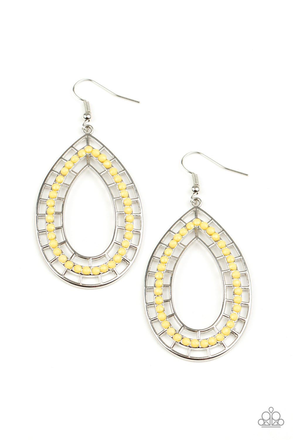 Dainty yellow beads dot the front of a stenciled silver teardrop, creating a colorful lure. Earring attaches to a standard fishhook fitting.

Sold as one pair of earrings.