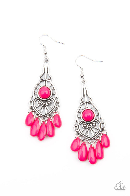 Vivacious pink teardrop beads swing from the bottom of an ornately studded silver frame featuring a bubbly pink beaded center for a fruity finish. Earring attaches to a standard fishhook fitting.  Sold as one pair of earrings.