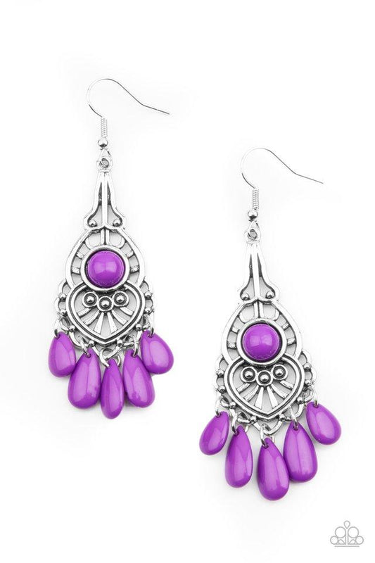Vivacious purple teardrop beads swings from the bottom of an ornately studded silver frame featuring a bubbly purple beaded center for a fruity finish. Earring attaches to a standard fishhook fitting.  Sold as one pair of earrings.