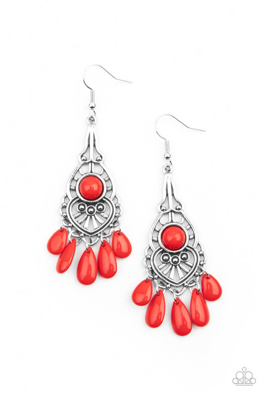Fiery red teardrop beads swings from the bottom of an ornately studded silver frame featuring a bubbly red beaded center for a fruity finish. Earring attaches to a standard fishhook fitting.  Sold as one pair of earrings.