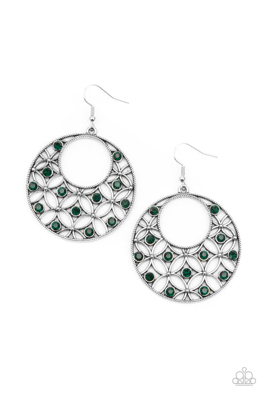 Dotted with glittery green rhinestones, an airy backdrop of antiqued flowers climb a studded silver hoop for a whimsical look. Earring attaches to a standard fishhook fitting.

Sold as one pair of earrings.