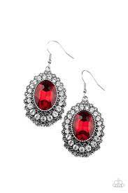 A fiery red gem is pressed into the center of an ornately studded frame bordered in glassy white rhinestones, creating a glamorous statement piece. Earring attaches to a standard fishhook fitting.  Sold as one pair of earrings.