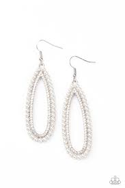 A collection of dainty white pearls surrounds a glittery row of glassy white rhinestones, stacking into a vintage inspired teardrop frame. Earring attaches to a standard fishhook fitting.

Sold as one pair of earrings.