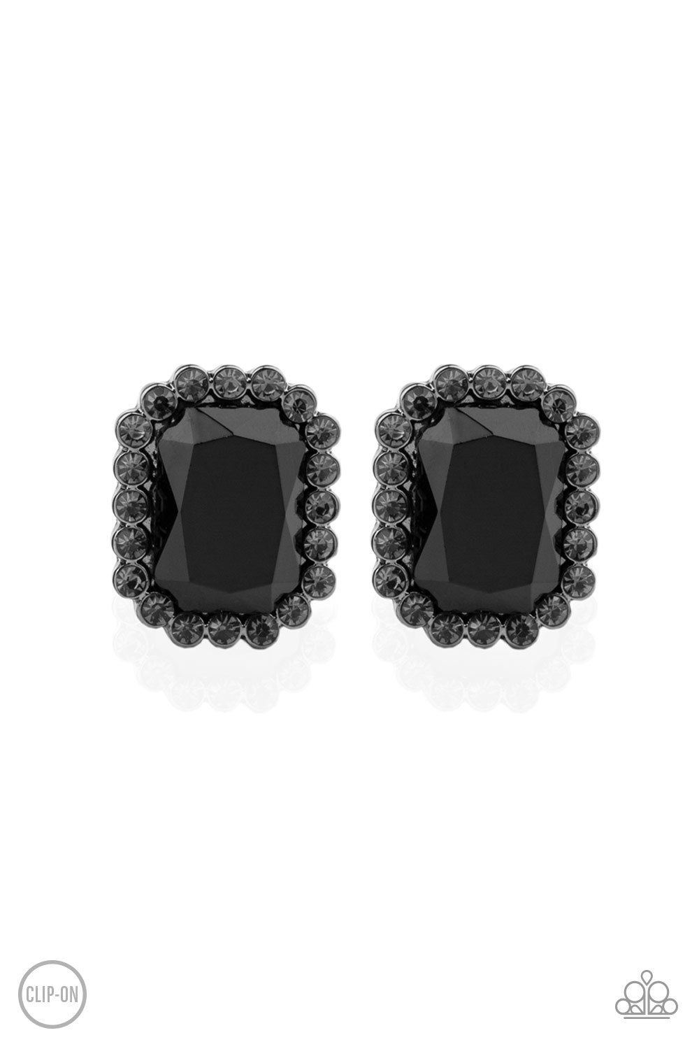 A regal black gem is bordered by a frame of glittery smoky rhinestones for an edgy look. Earring attaches to a standard clip-on fitting.  Sold as one pair of clip-on earrings.
