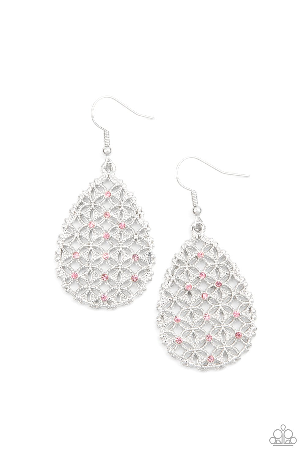Dainty pink rhinestones are encrusted across the front of a silver teardrop frame filled with ornate tactile filigree, creating a whimsical lure. Earring attaches to a standard fishhook fitting.  Sold as one pair of earrings.