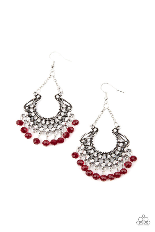 White rhinestone dotted petals fan out into a studded scalloped frame. Fiery red crystal-like beads swings from the bottom of a decorative silver frame, creating a glamorous fringe. Earring attaches to a standard fishhook fitting.  Sold as one pair of earrings.