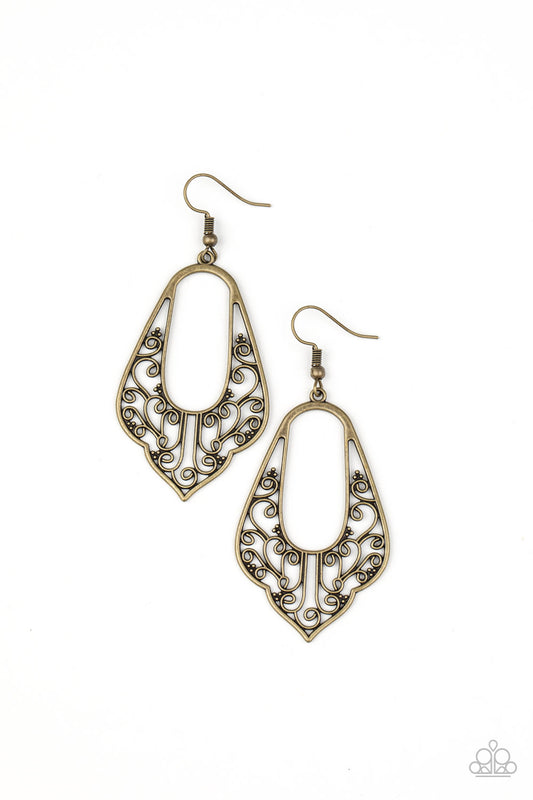 Brass vine-like filigree climbs the bottom of a scalloped brass frame, coalescing into a vintage inspired look. Earring attaches to a standard fishhook fitting.  Sold as one pair of earrings.