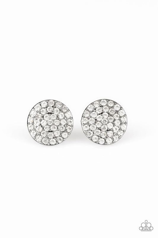 Countless white rhinestones are encrusted across the front of a beveled gunmetal frame for a show-stopping look. Earring attaches to a standard post fitting.  Sold as one pair of post earrings.