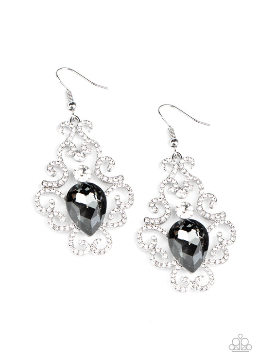White rhinestone encrusted silver bars delicately vine around a white rhinestone and smoky teardrop rhinestone center, creating an unapologetic glow. Earring attaches to a standard fishhook fitting.  Sold as one pair of earrings.