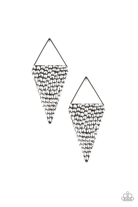 A hammered triangular frame attaches to a glistening silver triangular silhouette, creating an edgy lure. Earring attaches to a standard post fitting.  Sold as one pair of post earrings.