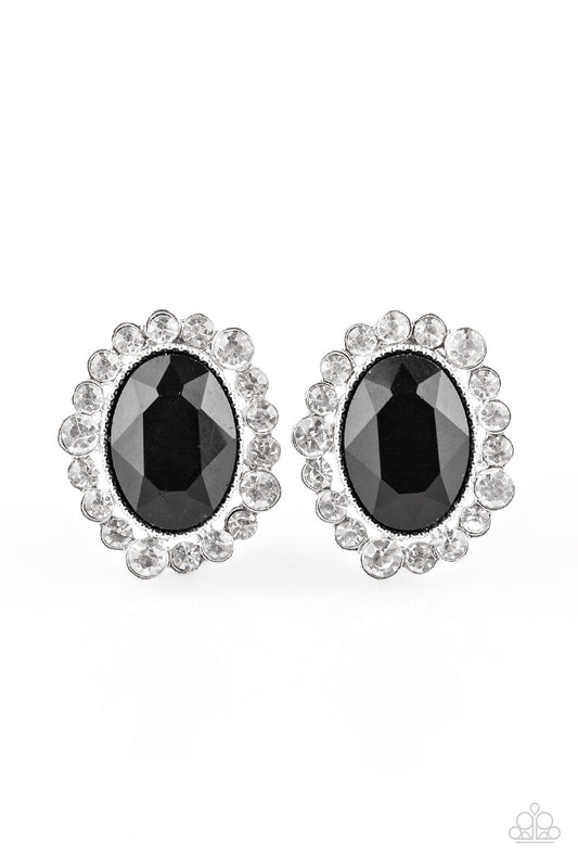 Varying in size, dainty white rhinestones spin around a faceted black gem for a timeless look. Earring attaches to a standard post fitting.  Sold as one pair of post earrings.