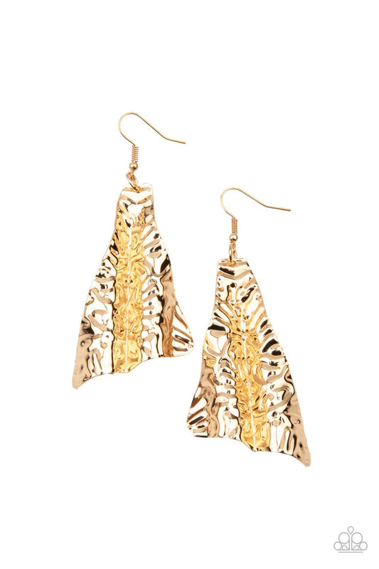 Embossed in wavy details, a flared gold frame creases into a rippling lure for an edgy look. Earring attaches to a standard fishhook fitting.  Sold as one pair of earrings.