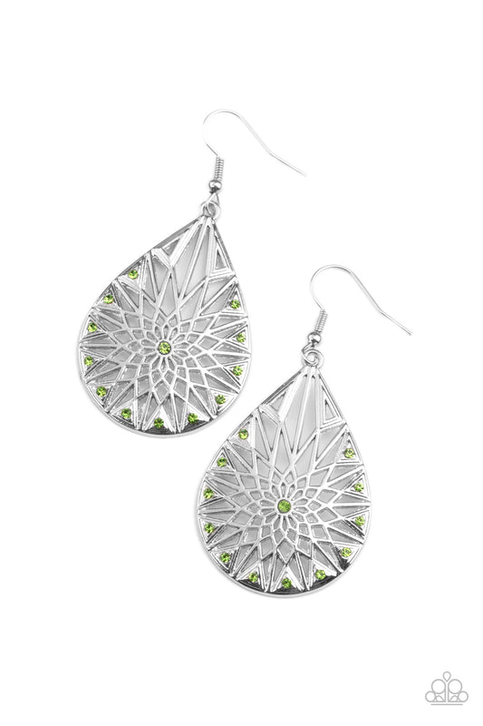 Featuring a shattered snowflake pattern, the front of an airy silver teardrop is adorned in dainty green rhinestones for an icy finish. Earring attaches to a standard fishhook fitting.  Sold as one pair of earrings.