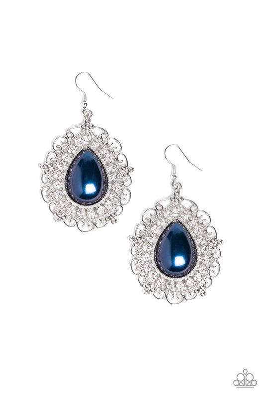 An oversized pearly blue teardrop bead is pressed into a swirling silver backdrop encrusted in a dazzling ring of glassy white rhinestones for a glamorous finish. Earring attaches to a standard fishhook fitting.  Sold as one pair of earrings.