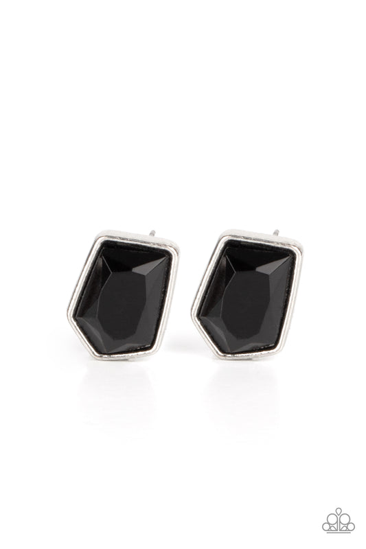 Featuring a raw asymmetrical cut, a glittery black gem is encased inside a sleek silver frame, creating an edgy display. Earring attaches to a standard post fitting.  Sold as one pair of post earrings.Featuring a raw asymmetrical cut, a glittery black gem is encased inside a sleek silver frame, creating an edgy display. Earring attaches to a standard post fitting.  Sold as one pair of post earrings.
