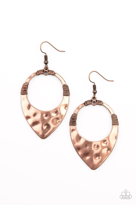 Featuring faux wire wrap details, a hammered copper teardrop-like frame swings from the ear for an artisan inspired look. Earring attaches to a standard fishhook fitting.  Sold as one pair of earrings.