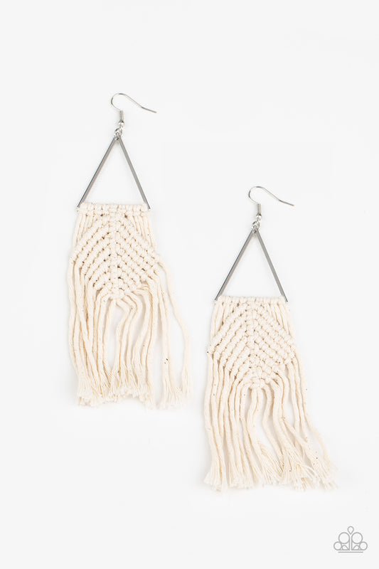 Soft white cording delicately knots and weaves around the bottom of an airy silver triangle, creating a colorful macramé inspired fringe. Earring attaches to a standard fishhook fitting.  Sold as one pair of earrings.