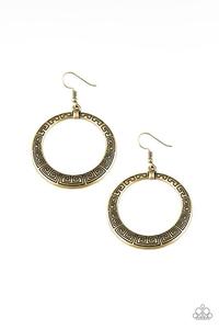 Brushed in an antiqued shimmer, a glistening brass hoop is stamped in dizzying patterns for a tribal inspired look. Earring attaches to a standard fishhook fitting.  Sold as one pair of earrings.
