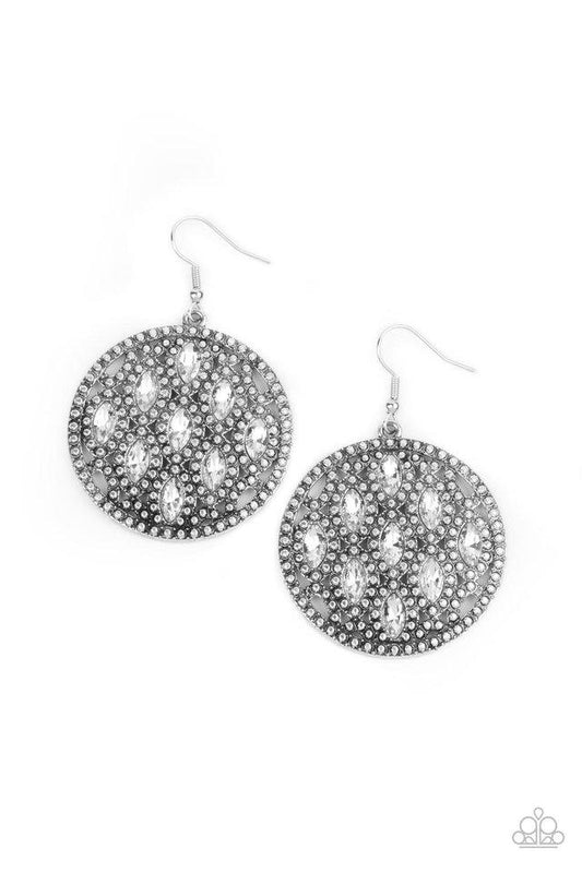 Featuring regal marquise cuts, glassy white rhinestones embellish the front of a studded silver frame, creating a stunning statement piece. Earring attaches to a standard fishhook fitting.  Sold as one pair of earrings.
