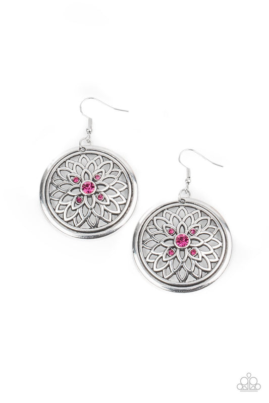 Dotted with a glittery pink rhinestone center, airy silver petals bloom across the front of a rustic silver hoop, creating a sparkly medallion-like frame. Earring attaches to a standard fishhook fitting.

Sold as one pair of earrings.