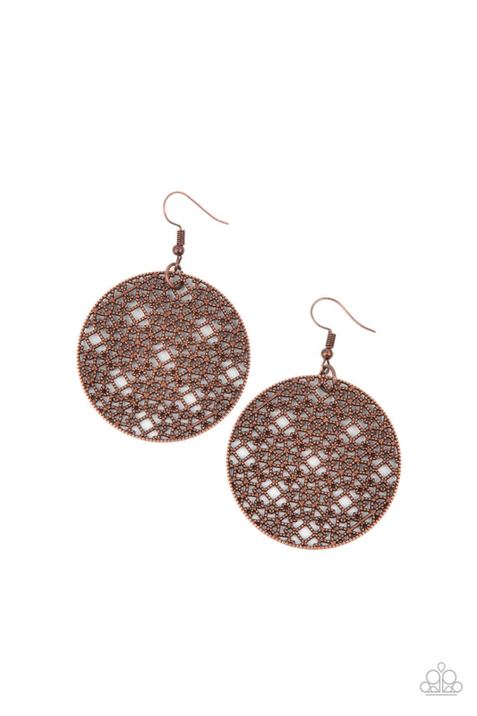 Studded brass filigree fills the inside of a rustic brass hoop, creating an airy mandala pattern. Earring attaches to a standard fishhook fitting.

Sold as one pair of earrings.