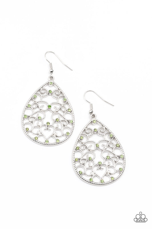 Adorned with dainty green rhinestones and intricate silver filigree vines on a teardrop frame, these earrings exude enchanting elegance. With a standard fishhook fitting, these earrings are perfect for any occasion.  Sold as one pair of earrings.