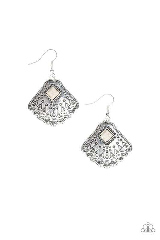 Stamped in tribal inspired patterns, a shimmery silver frame fans out from the bottom of a square white stone for a seasonal flair. Earring attaches to a standard fishhook fitting.  Sold as one pair of earrings.