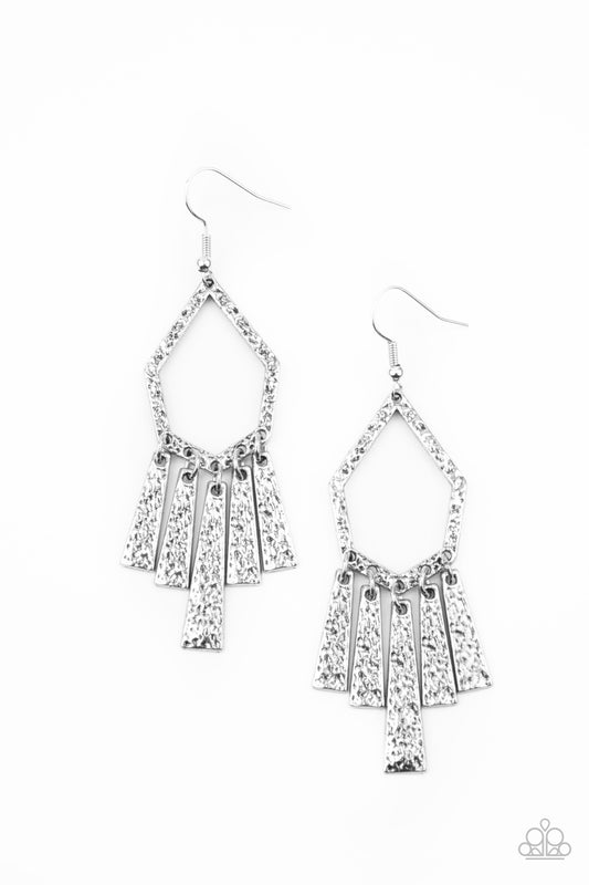 Hammered in shimmery detail, flared rectangular frames swing from the bottom of a geometric silver frame for a rustic flair. Earring attaches to a standard fishhook fitting.

Sold as one pair of earrings.