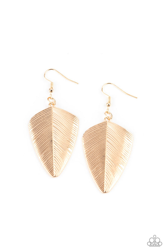 Stamped in lifelike details, a dainty gold feather delicately swings from the ear for a rustically refined look. Earring attaches to a standard fishhook fitting.

Sold as one pair of earrings.
