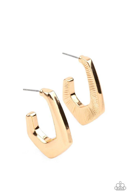 A glistening gold bar curves into a hook shaped hoop, creating an edgy fashion. Earring attaches to a standard post fitting. Hoop measures approximately 3/4" in diameter.  Sold as one pair of hoop earrings.