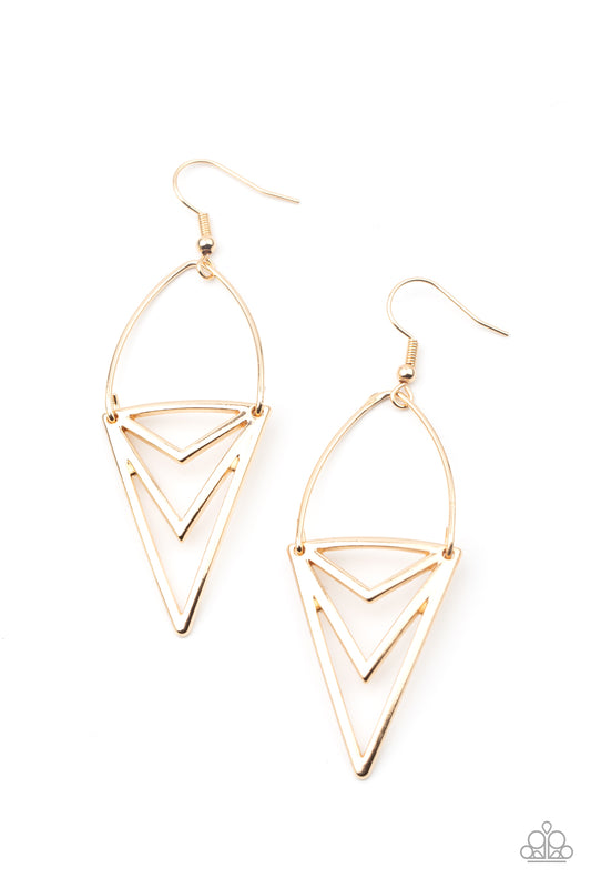 Attached to a dainty gold wire fitting, an edgy triangular frame swings from the ear for a bold tribal look. Earring attaches to a standard fishhook fitting.

Sold as one pair of earrings.