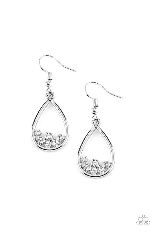 Varying in shape, a collection of dainty smoky rhinestones collect at the bottom of an airy silver teardrop frame for a timeless finish. Earring attaches to a standard fishhook fitting.  Sold as one pair of earrings.