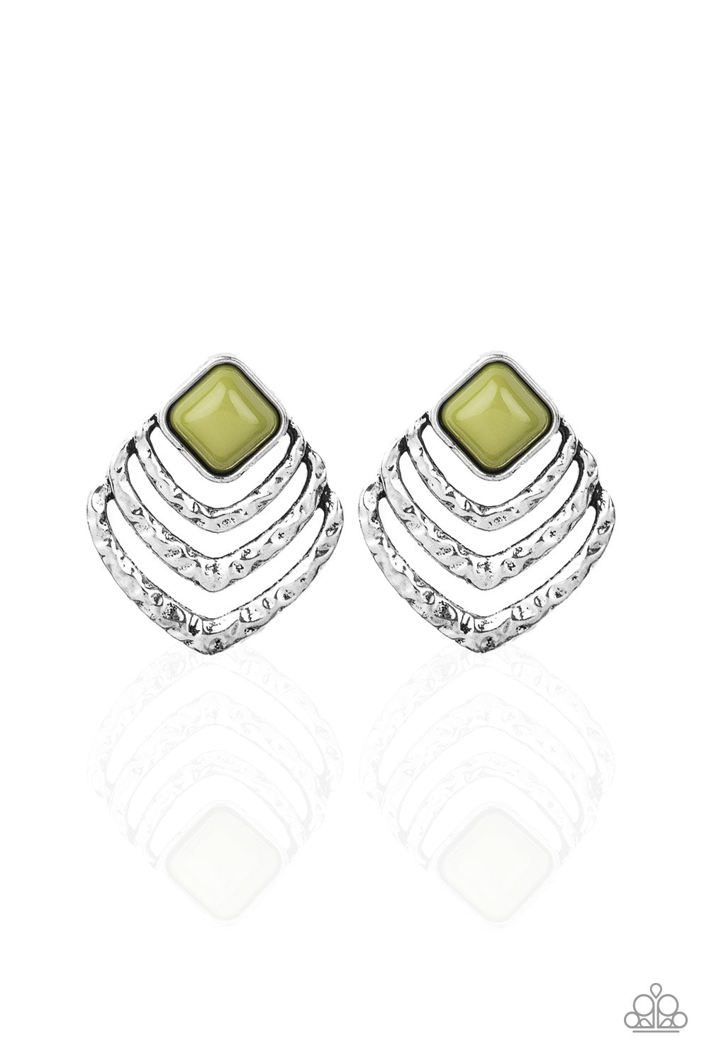 Hammered silver frames ripple from the bottom of a polished Guacamole beaded frame for an edgy look. Earring attaches to a standard post fitting.  Sold as one pair of post earrings.