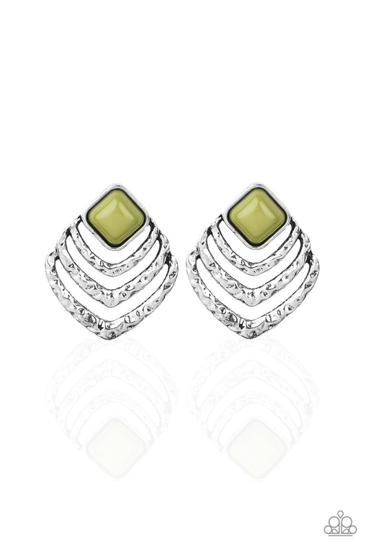 Hammered silver frames ripple from the bottom of a polished Guacamole beaded frame for an edgy look. Earring attaches to a standard post fitting.  Sold as one pair of post earrings.
