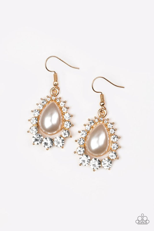 Gradually increasing in size, glassy white rhinestones spin around a pearly teardrop center, creating a regal lure. Earring attaches to a standard fishhook fitting.  Sold as one pair of earrings.