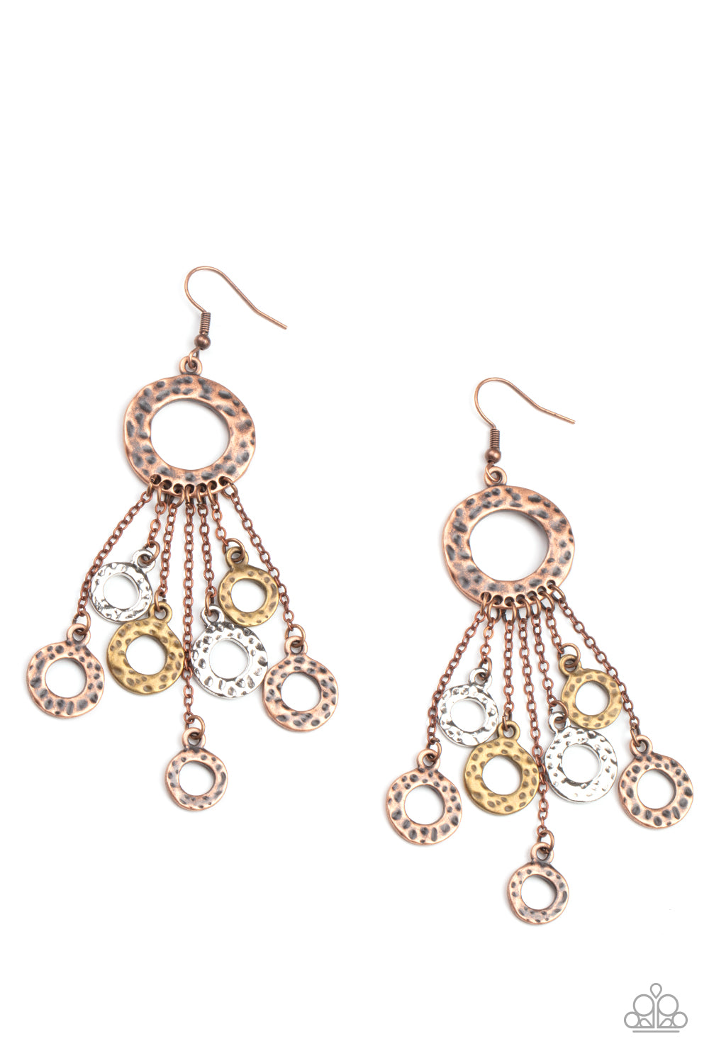 Attached to dainty copper chains, a fringe of hammered brass, copper, and silver rings swings from the bottom of a hammered copper ring for a noise-making statement. Earring attaches to a standard fishhook fitting.  Sold as one pair of earrings.