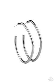 Brushed in a high sheen finish, a glistening gunmetal bar bends and curves into an asymmetrical hoop for a gritty finish. Earring attaches to a standard post fitting. Hoop measures approximately 1 3/4" in diameter.  Sold as one pair of hoop earrings.