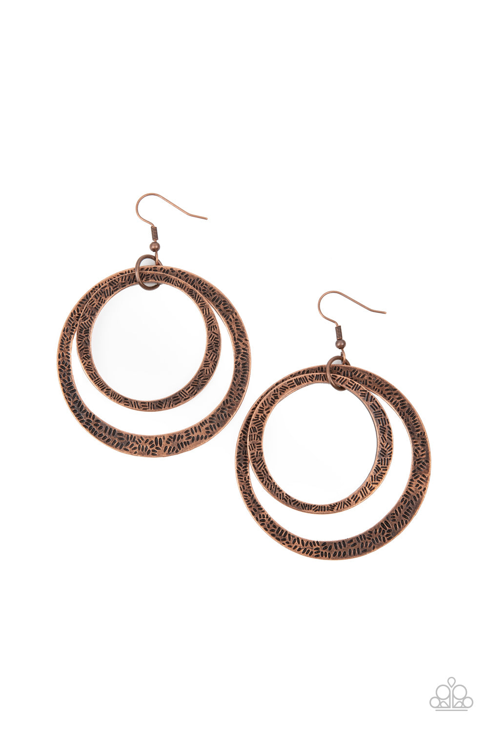 Stamped in tactile linear patterns, two asymmetrical copper rings link into a rustic hoop. Earring attaches to a standard fishhook fitting.

Sold as one pair of earrings.