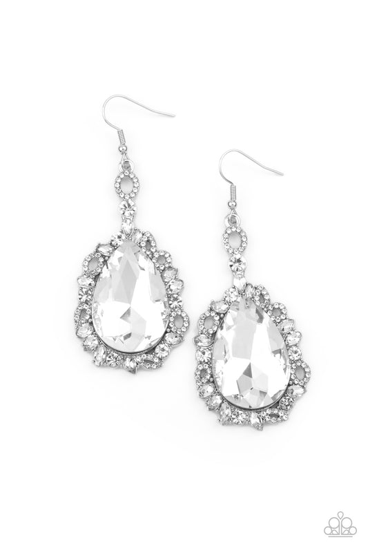 Featuring round, teardrop, and oval shapes, white rhinestone encrusted filigree borders a dramatically oversized white rhinestone teardrop for a jaw-dropping dazzle. Earring attaches to a standard fishhook fitting.

Sold as one pair of earrings.