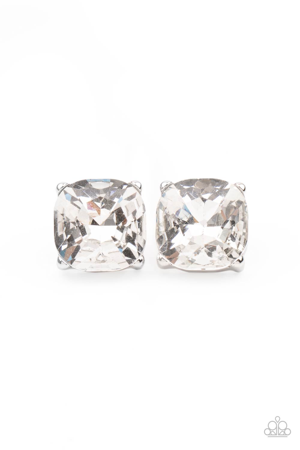 A dramatically oversized white gem is nestled atop a pronged silver frame, creating a jaw-dropping dazzle. Earring attaches to a standard post fitting.  Sold as one pair of post earrings.