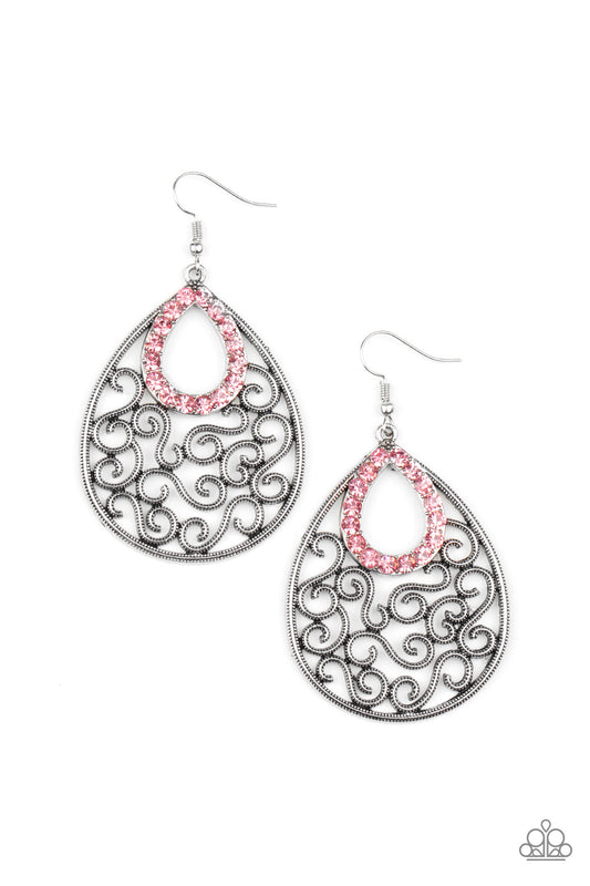 A glittery pink rhinestone teardrop frame nestles at the top of an antiqued silver teardrop filled with whimsical vine-like filigree. Earring attaches to a standard fishhook fitting.  Sold as one pair of earrings.