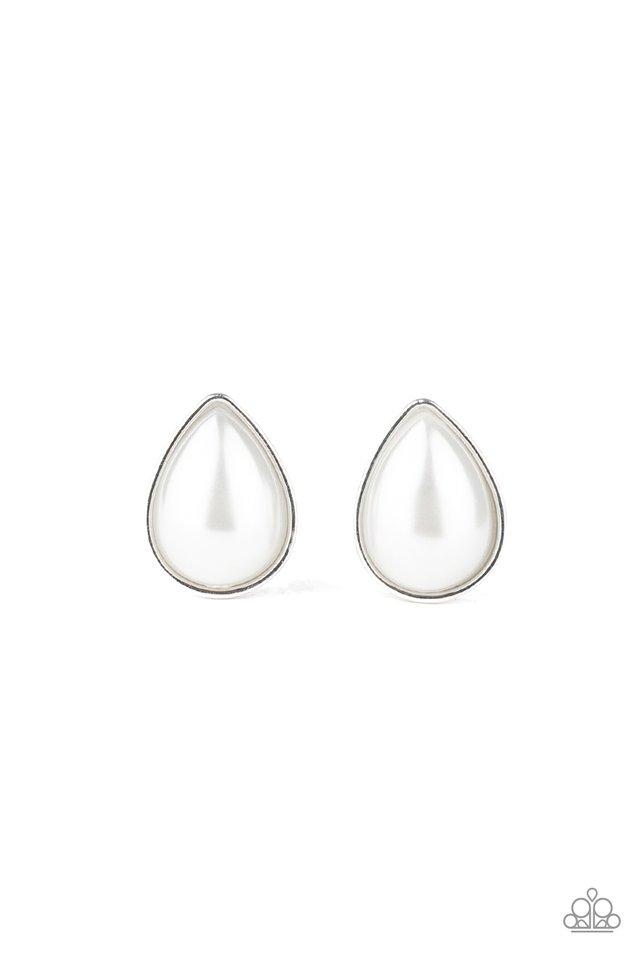 A pearly white teardrop bead is pressed into a sleek silver frame for a classic look. Earring attaches to a standard post fitting.  Sold as one pair of post earrings.