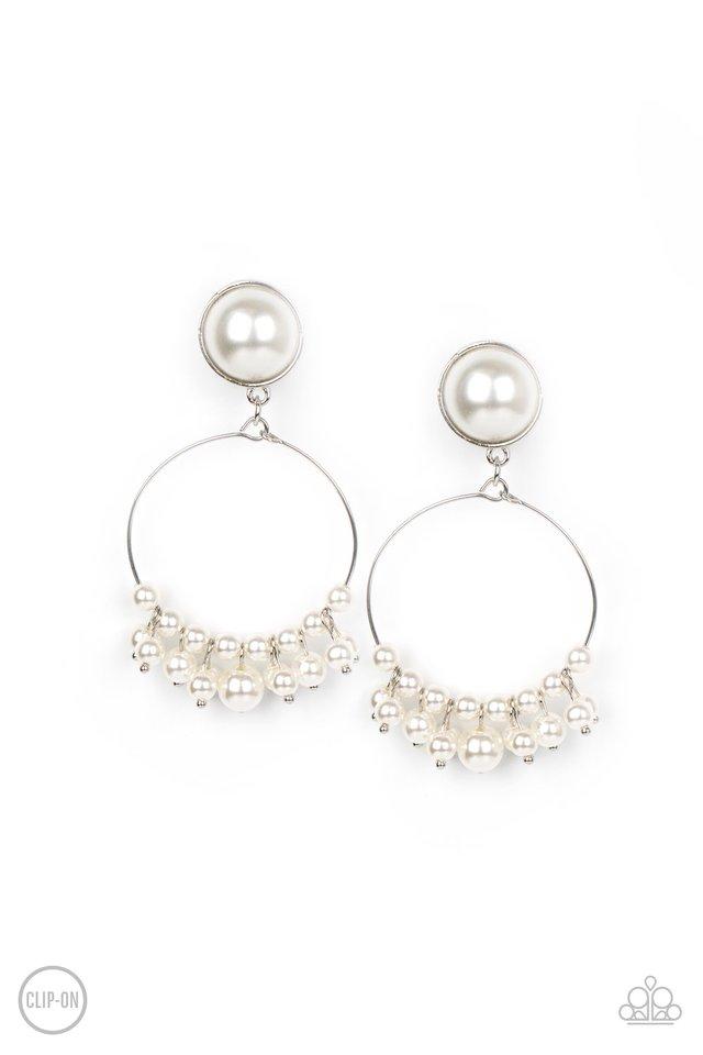 Featuring a pearl dotted fringe, a dainty silver wire hoop swings from the bottom of a matching pearl dotted fitting for a refined flair. Earring attaches to a standard clip-on fitting.  Sold as one pair of clip-on earrings.