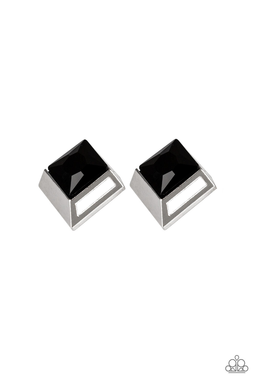 Featuring a refined square-cut, a faceted black rhinestone is pressed into a 3-dimensional silver frame for an edgy look. Earring attaches to a standard post fitting.  Sold as one pair of post earrings.
