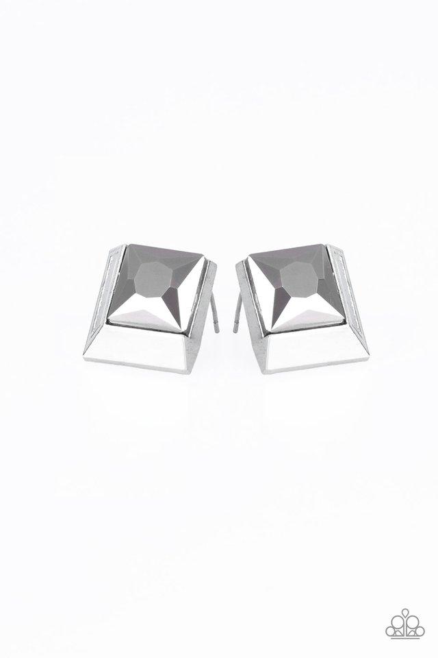 Featuring a refined square-cut, a faceted hematite rhinestone is pressed into a 3-dimensional silver frame for an edgy look. Earring attaches to a standard post fitting.  Sold as one pair of post earrings.