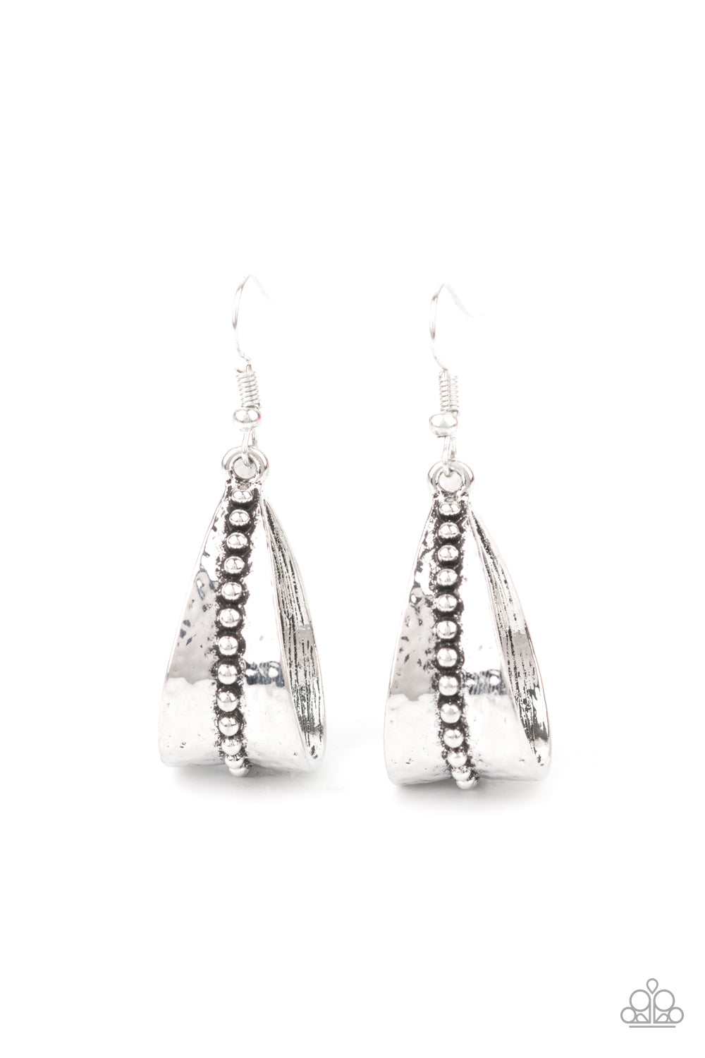 A row of antiqued studs dots the center of a hammered silver frame that curls into a rustic teardrop for a seasonal flair. Earring attaches to a standard fishhook fitting.  Sold as one pair of earrings.