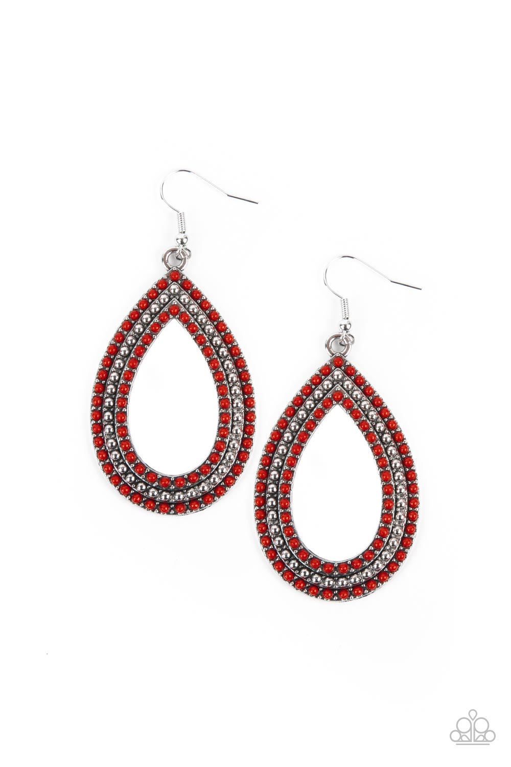 Two rows of dainty red seed beads flank a center row of silver studs across the front of a silver teardrop frame, coalescing into a colorful lure. Earring attaches to a standard fishhook fitting.  Sold as one pair of earrings.