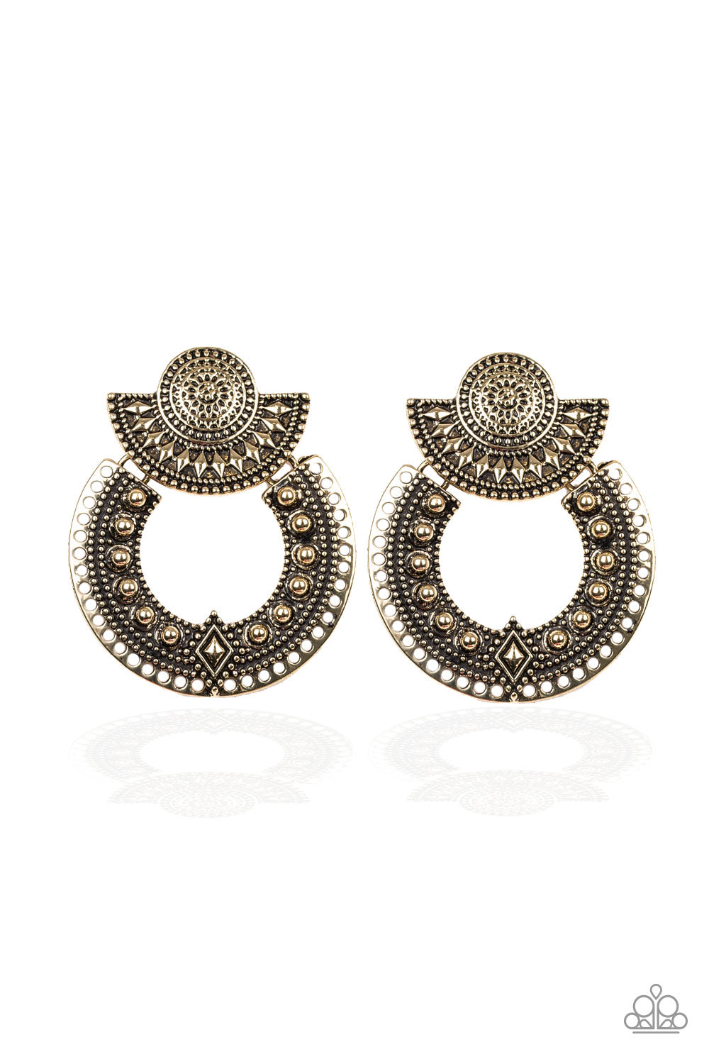 Studded and embossed in ornate textures and patterns, round and half moon brass frames stack into a tribal inspired lure for a trendy look. Earring attaches to a standard post fitting.  Sold as one pair of post earrings.