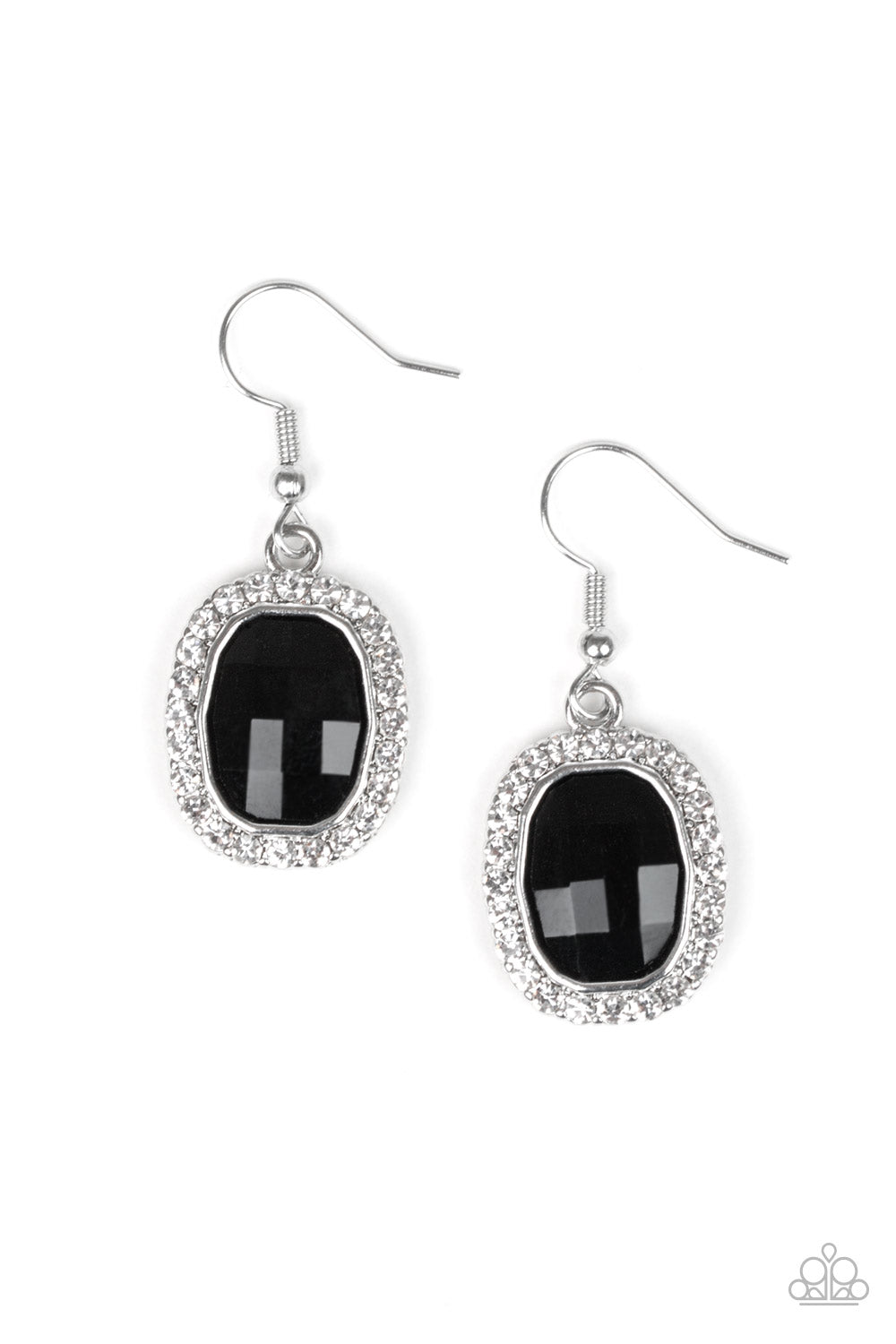 A faceted black gem is pressed into a shimmery silver frame radiating with glassy white rhinestones for a timeless fashion. Earring attaches to a standard fishhook fitting.  Sold as one pair of earrings.